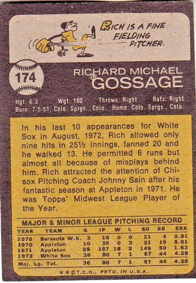 Topps Rich "Goose" Gossage RC 1973 (hof) #174 casi nuevo o mejor vintage Foto 2 de 2