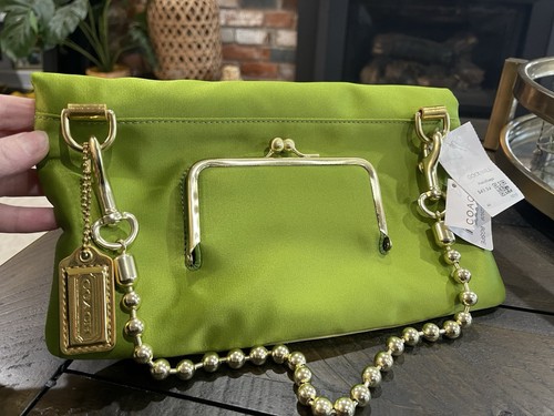 New! COACH Satin Lime Green Evening Foldover Clutch Beaded Brass Strap Y2K - Picture 8 of 10
