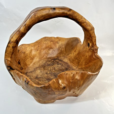 Hand Carved Burl Wood Tree Root Bowl Basket with Handle 11 in dia x 9 tall Crack
