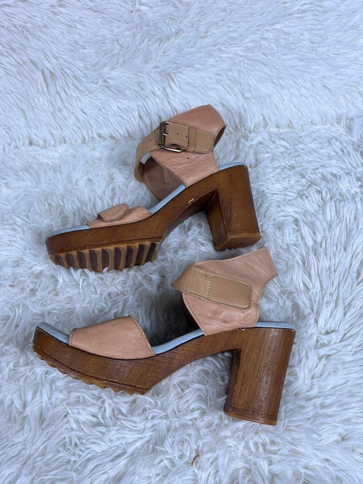 Eric Michael Zapatos Mujer Talla 37 Cuero Tostado Tacón Bloque Sandalias Hebilla Portugal Foto 3 de 4