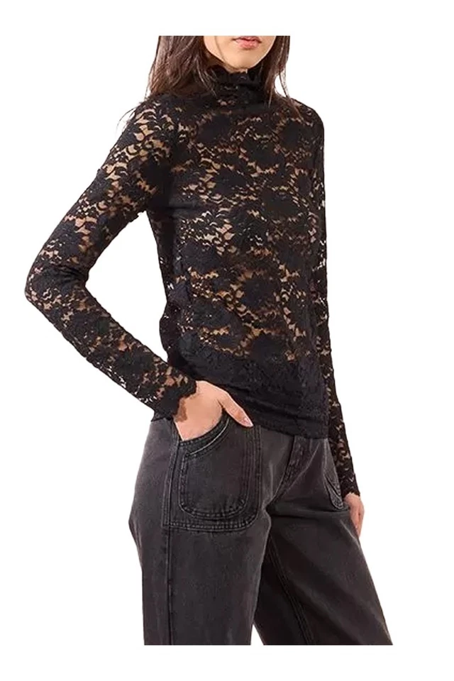 MOLLY BRACKEN maglia pizzo nera slim, collo semi-alto, maniche lunghe - Immagine 2 di 3