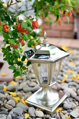 Solar Silver Chrome Post Cap Light 5 LEDs 3.2V Li-ion Battery (4''/5''/6'')