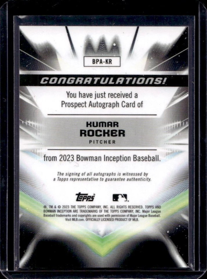 2023 Bowman Inception Kumar Rocker Auto Fuchsia Foil #12/75 Rangers - Image 2 of 2