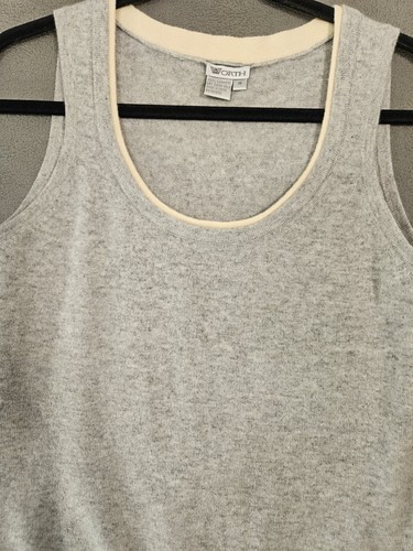 Worth Womens Medium 100% Cashmere Sweater Sleeveless Light Gray Cream Trim - Picture 2 of 6