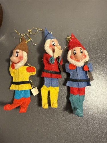 Vintage 1960s 3 Dwarf Elf Gnome Felt Christmas Ornaments 5" Tall Pixies - Picture 1 of 5