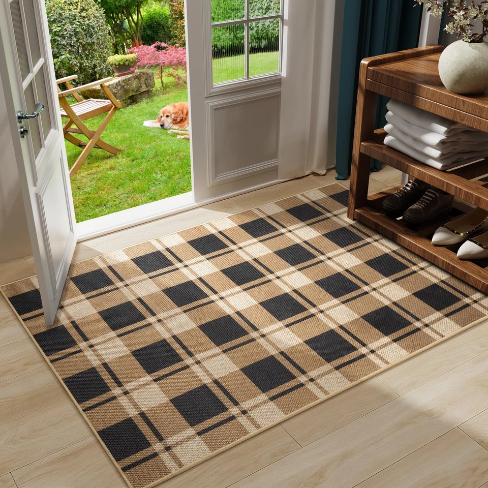 Alfombra de patio exterior de yute a cuadros 3x5, alfombras a cuadros negras y marrones para interior L... Foto 2 de 4