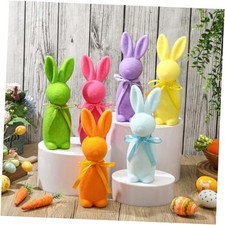6 Pcs Easter Decorations Flocked Bunny Figurines with Bow Tie Bright Colors