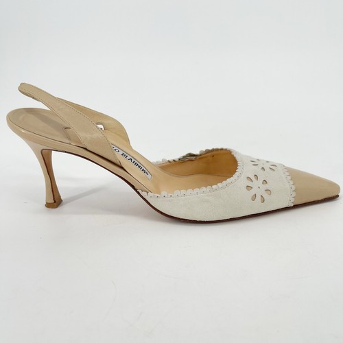 Manolo Blahnik Retro Floral Ojales Beige Punta Puntera Tacón Eslinga IT 40 - Imagen 2 de 10