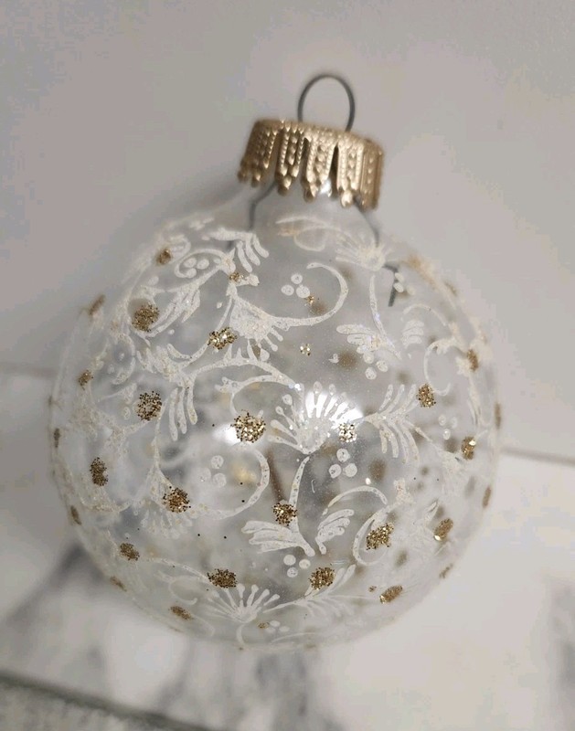 Vintage Blown Glass White Ornament With Silver Glitter Snowflakes