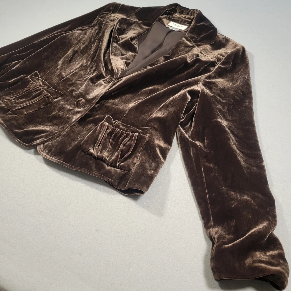 Nine West Woman Velvet Blazer Size 14 W Brown Silk Blend Button Front Ruched - Image 4 of 4