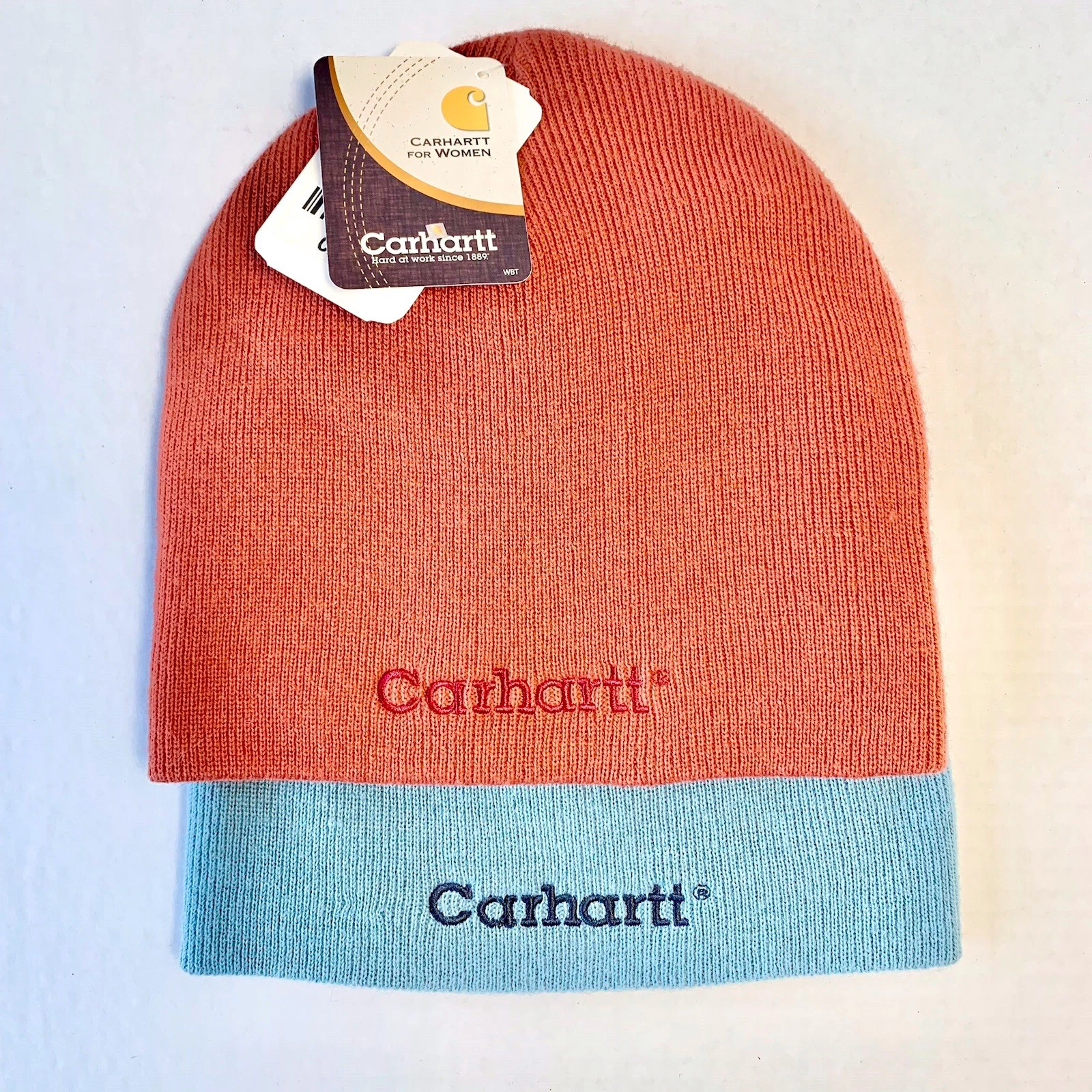 2 Carhartt Beanie Hats Knit Blue & Orange One Size