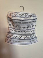 White House Black Market 2 White Corset Bustier Blue Embroidery Zip Up Cotton
