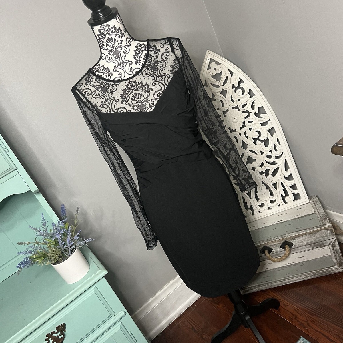 Vince Camuto Ruched Dot Mesh Dress Size Medium Black LBD Wedding Guest |  eBay