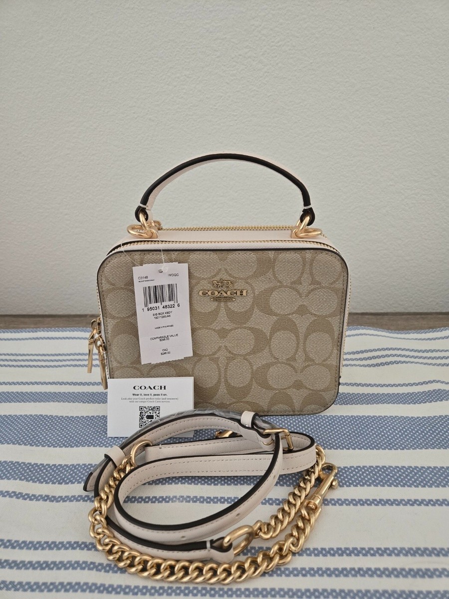 COACH ケース ベージュ ホワイト COACH C3148 - BOX CROSSBODY IN SIGNATURE CANVAS GOLD/LIGHT KHAKI