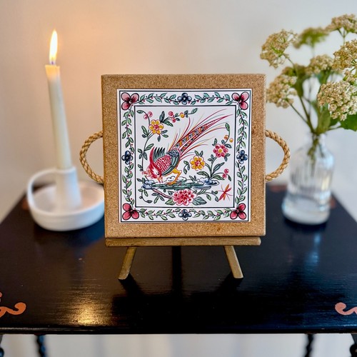 Vintage Hand-Painted Bird Portugal Tile or Trivet in Cork ~ 7.25" - Picture 3 of 8