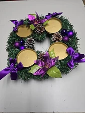 11.5 Inch Purple Ribbon Advent Wresth Artificial Greenery 3 In Gold Candle Base