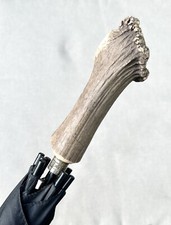 Vintage Antique Antler Stag Silver Mount Black Nylon Tent Umbrella Parasol