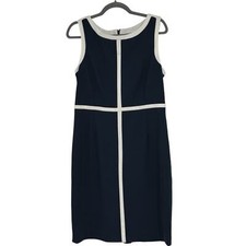 Women Calvin Klein Size 12 Blue Knit Sleeveless Unlined Dress w Black White Trim