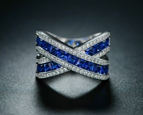 3Ct Princess Cut Simulated Sapphire Wedding Band Ring 14K White Gold  Plated