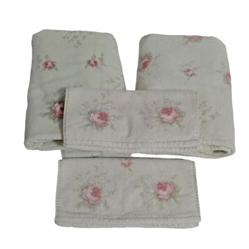 Vintage Laura Ashley Bath Towel Washcloth Sage Cottage Rose Flowers Farmhouse - Picture 1 of 10