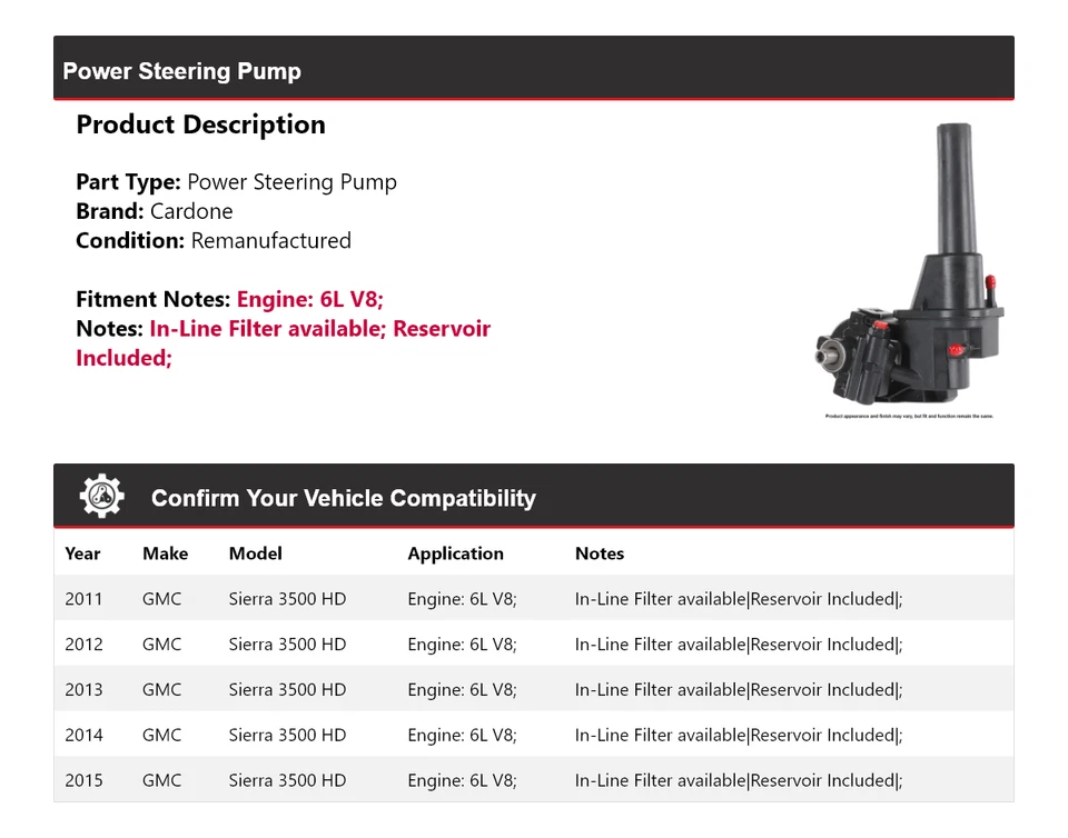 Bomba de dirección asistida Cardone 2012 2013 para GMC Sierra 3500 HD 6L V8 2011-2015 Foto 2 de 4