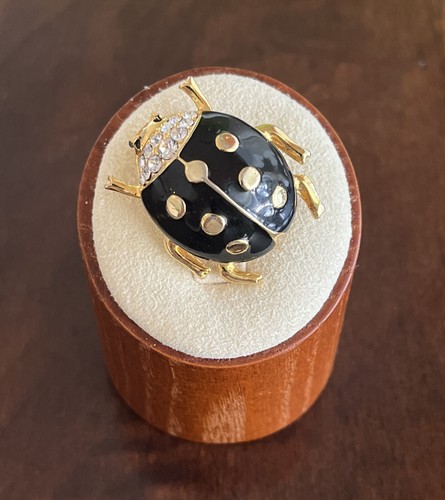 Lady Bug Beetle Brooch Vintage Gold Tone With Black Enamel & Rhinestone's Pin - Picture 7 of 10