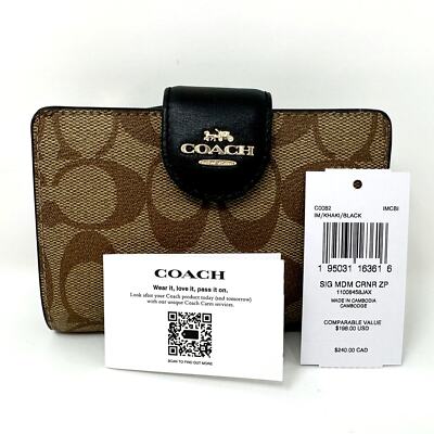 Coach Medium Corner Zip Wallet In Signature Canvas Khaki Black