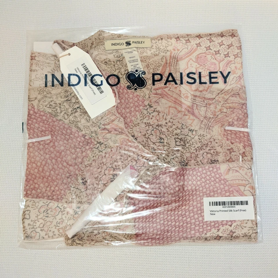 Novo cachecol magro de seda estampado INDIGO PAISLEY Viktoria feito à mão borlas com miçangas - Imagem 3 de 4