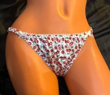 NWOT Sz L Handmade Silky White Red Cherries Satin String Bikini Panties