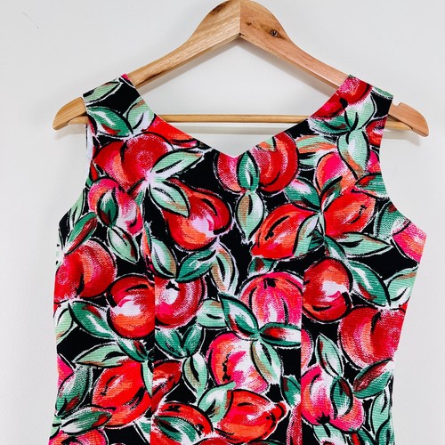Laura Ashley Dress Fruity Peach Pear Apple Pastel Print Red Black 10 US 6 EU 38 - Picture 2 of 17