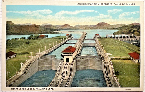 Vintage MIRAFLORES LOCKS PANAMA CANAL Postcard South America Industry D6