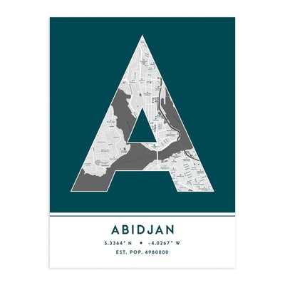 Abidjan Elfenbeinküste Stadtplan Typografie ungerahmter Wandkunstdruck 12 x 16 Zoll