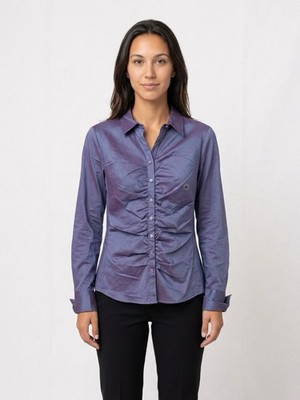 NY&C Women's Purple Solid Ruched Button-Up Collared Woven Shirt M Regular