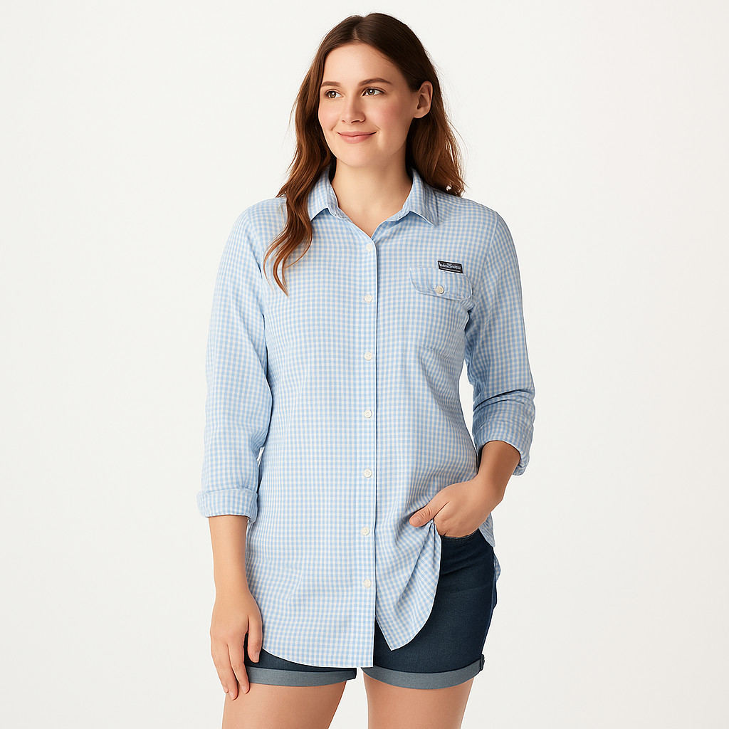 Columbia Womens Super Bonehead Tunic Dress Blue Gingham Fishing Long Sleeve L