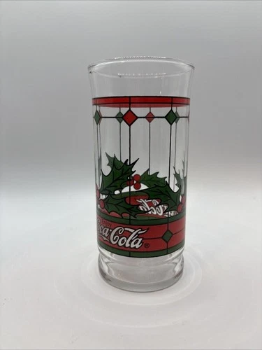 Vintage COCA COLA Christmas Holly Berry Stained Glass Drinking Glass