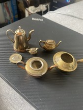 Vintage Miniature Brass Tea Pot Set Dollhouse Teapots Kettle Metal Mini Lot Of 5