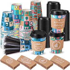 Remerry 100 Sets 400 Pcs 12 oz Christmas Disposable Coffee Cups with Lid, Str...