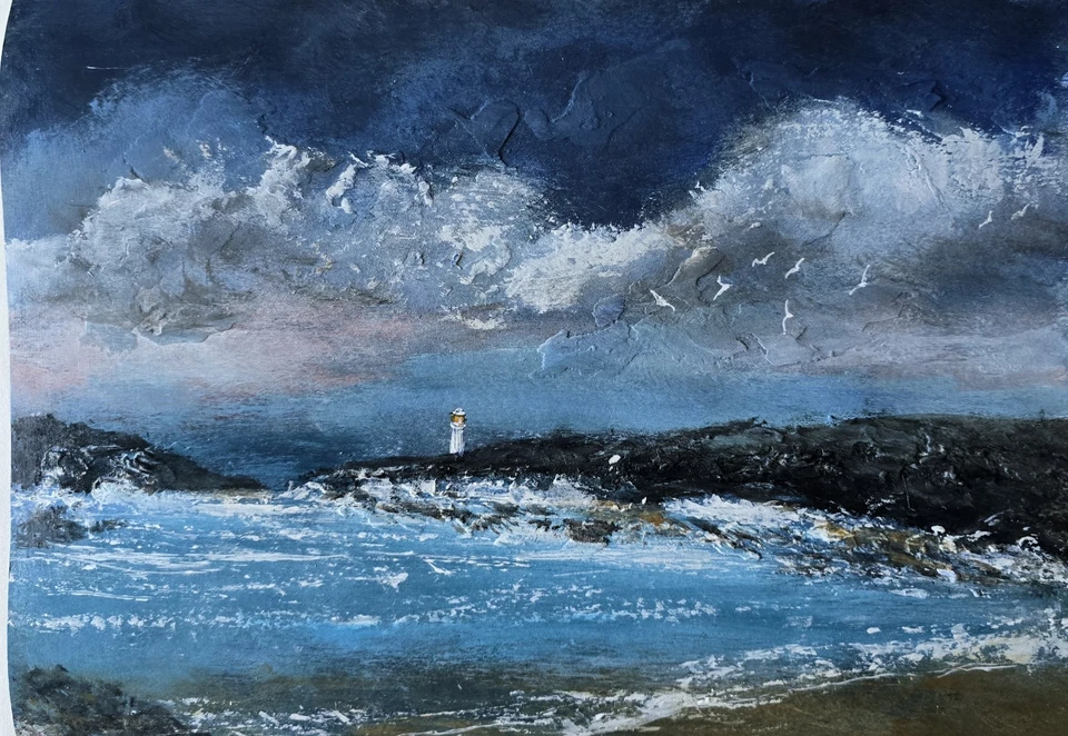 Original Acrylic Painting Coastal Landscape Lighthouse Seagulls Framed - Image 2 of 4