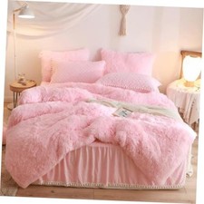 Fluffy Comforter Cover Set, Soft Furry Shaggy Bedding Set 3 Pieces Queen Pink