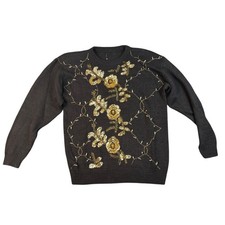 Vintage Black Sequin Classic Floral Beaded Embellished Sweater Party Holiday 668