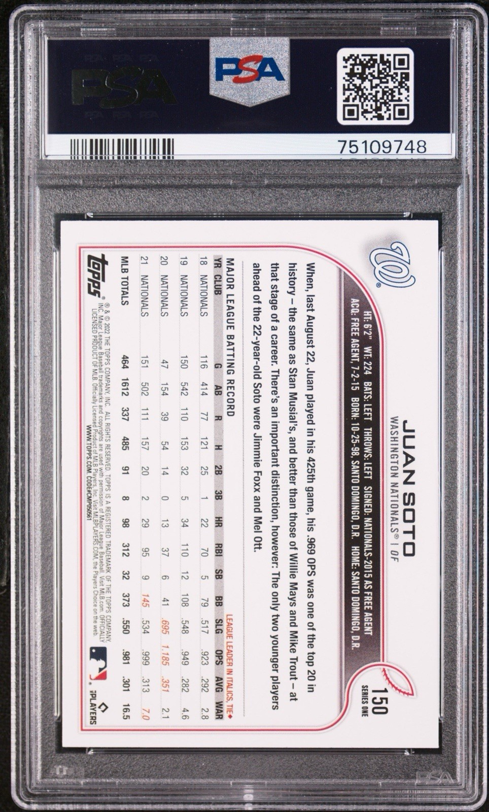2022 Topps #150 Juan Soto SSP Variation PSA 9 view 2
