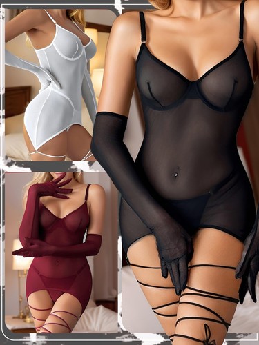 Women Sexy Lingerie Set Sheer Mesh Lace Bodysuit Teddy Lingerie with Leg Wraps - Picture 5 of 6