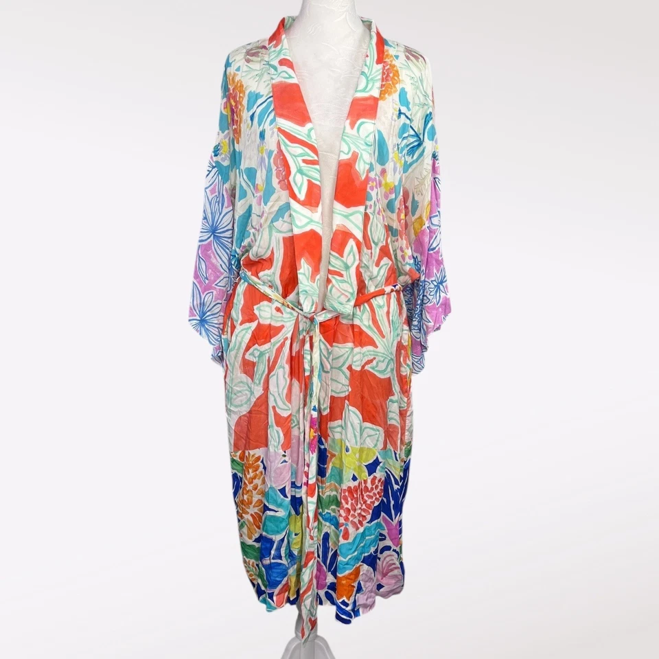 Anthropologie Hermanas Gulassa Floral Kimono Bata Cinturón Boho Tropical Mediana Foto 2 de 4