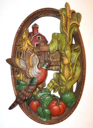 VTG 1974 Burwood Products Plastic Wall Plaque Pheasant Barn Harvest Country Fall - Picture 1 of 3