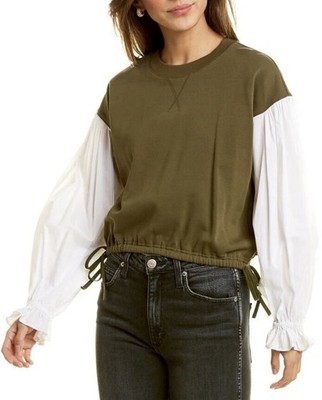 Cinq à Sept Womens Olive Green Cotton Long Sleeve Sweatshirt Blouse Top Size L 