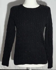 Charter Club Sweater Women S Black Speckled Cable Knit Crewneck Buttons Academia