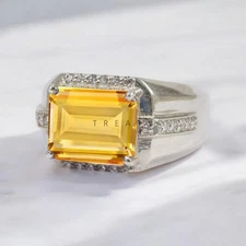 Citrine Emerald Cut Gemstone With 925 Sterling Silver Ring For Men's #869 #