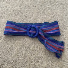 Vintage Funky Belt S/M Teal Multicolor Artsy Buckle Stretch Waist Glam 80s 90s