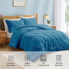3 Piece Pintuck Pinch Pleat Comforter Set, Bedding Set for