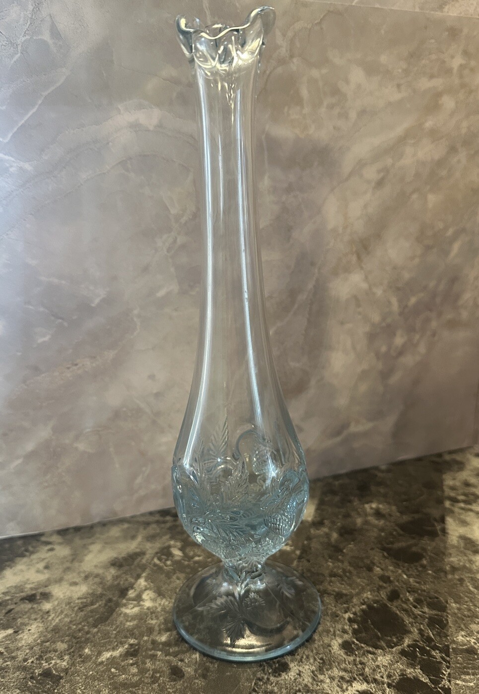 Vintage Fenton Art Glass Ice Blue Strawberry Leaf Bud Vase 9.75 Inch